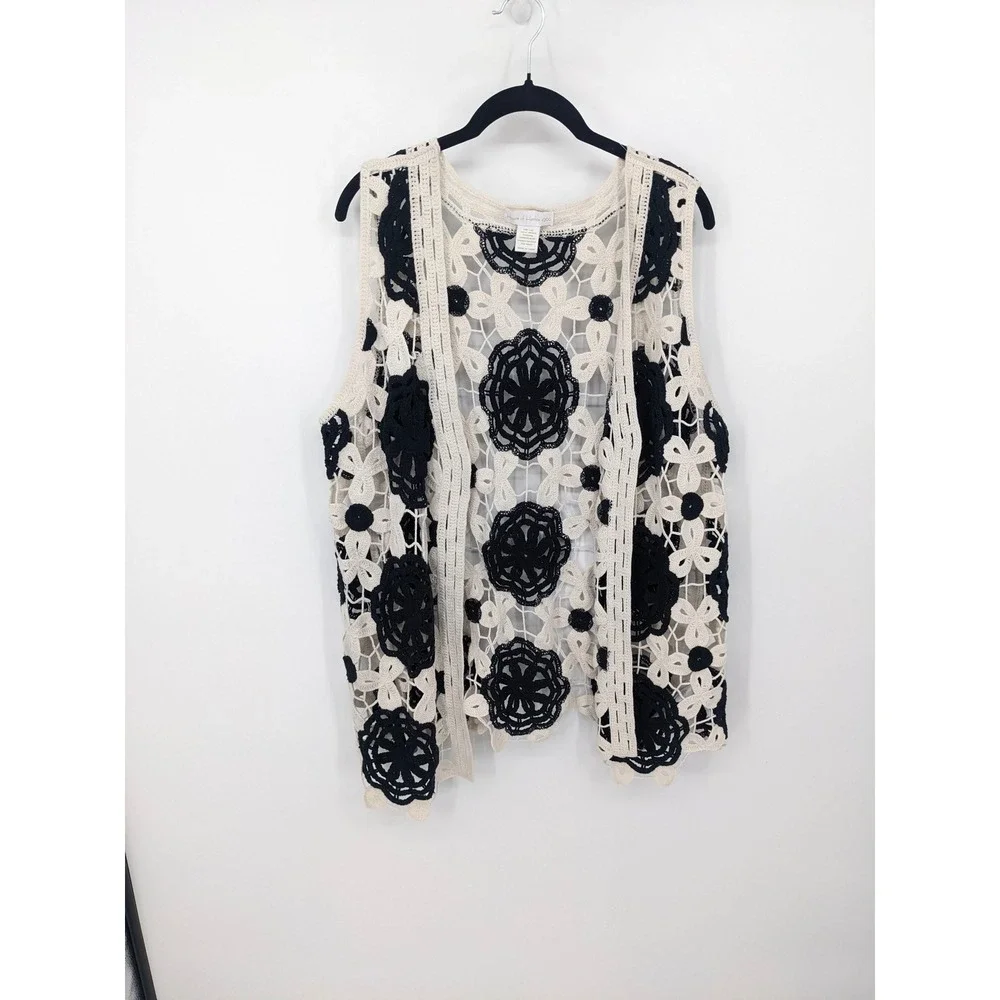 House of Harlow Crochet Vest Women One Size Black Cream Floral Sheer Hippie Boho